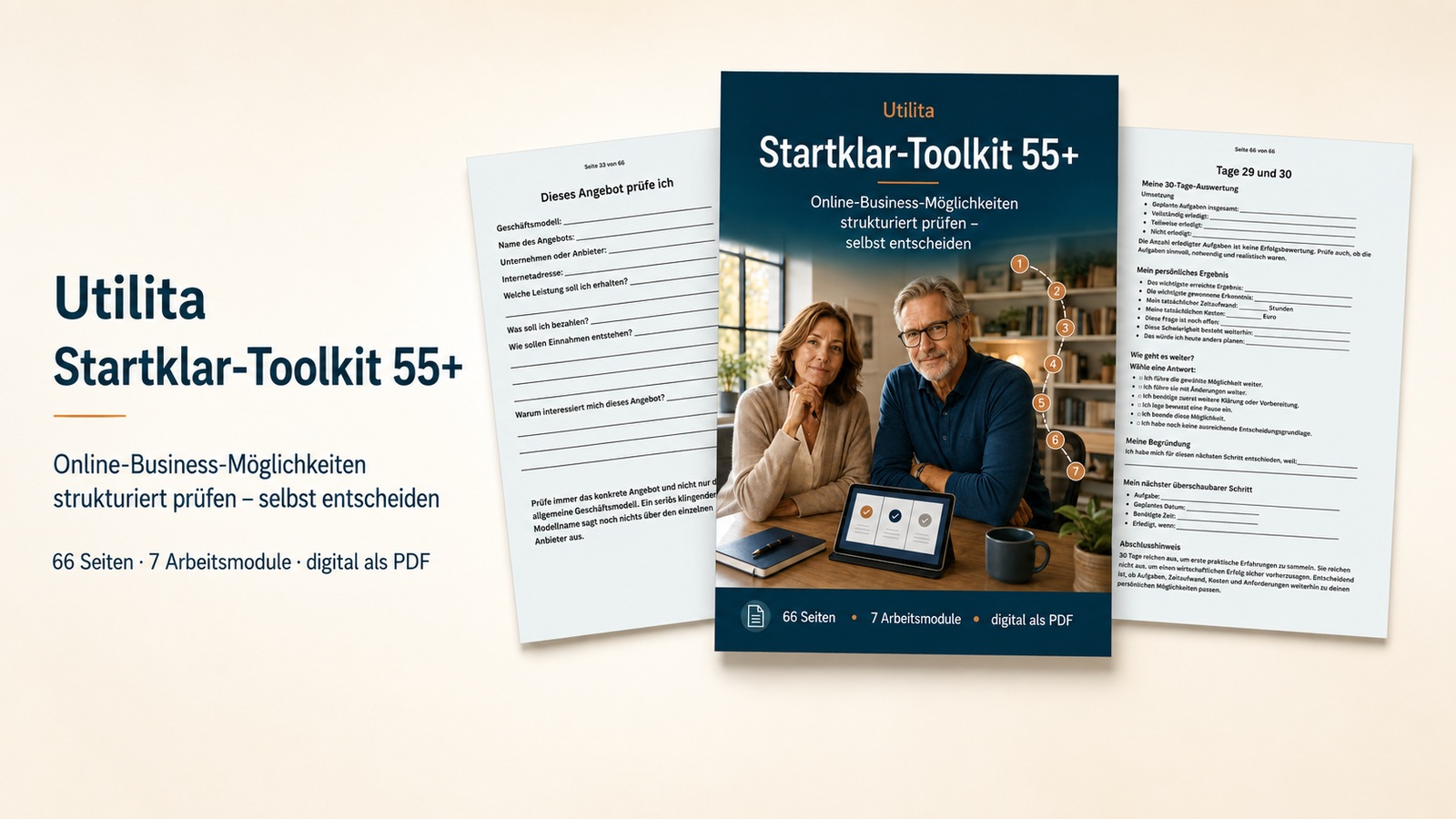 Produktansicht des digitalen Utilita Startklar-Toolkits 55+ mit drei Beispielseiten